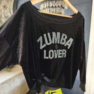 Zumba Black Velvet with silver embroidery, wide neck, cropped shirt Size Small